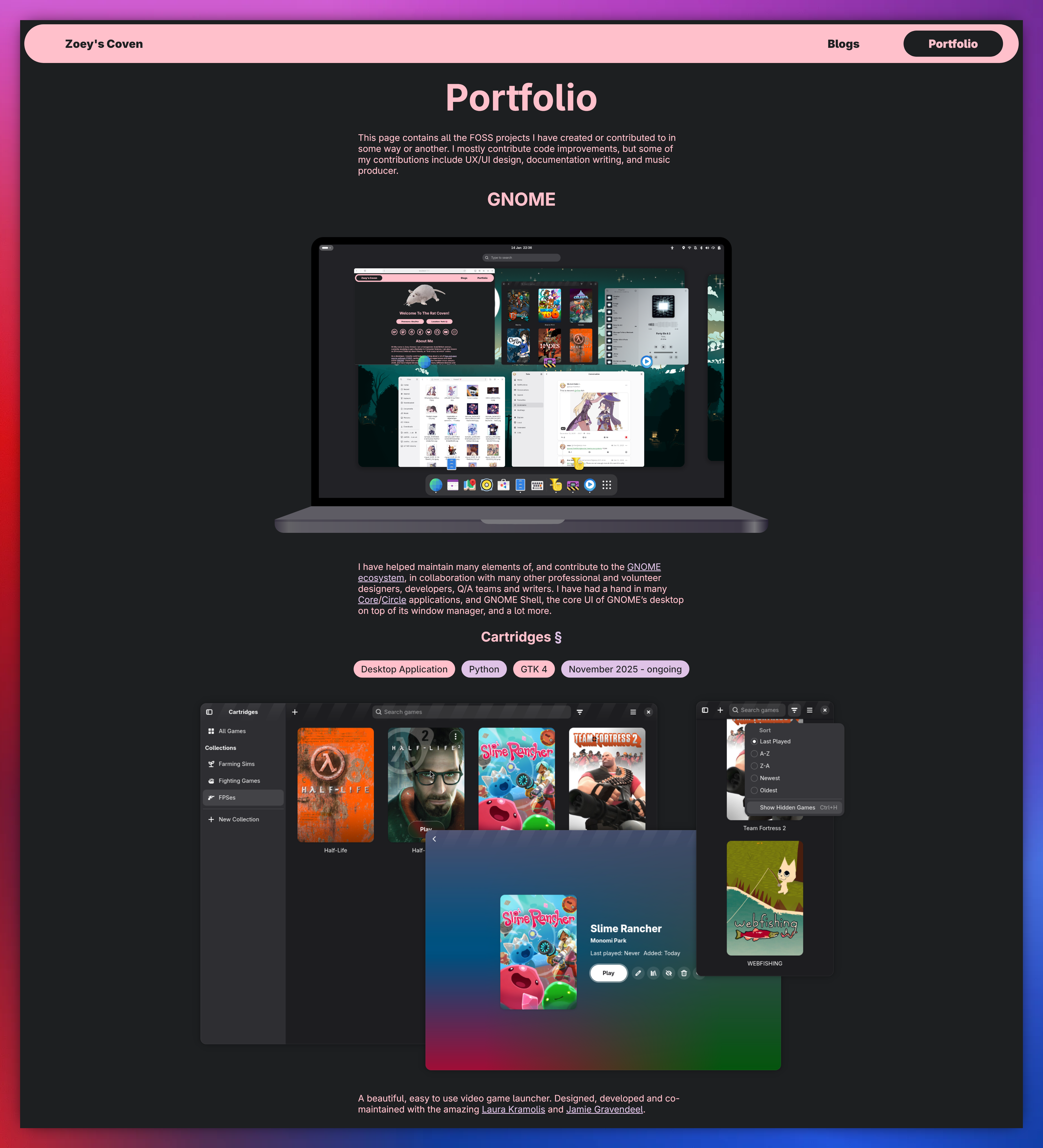 A screenshot of the top of portfolio page, with the laptop running GNOME and the section for Cartridges.